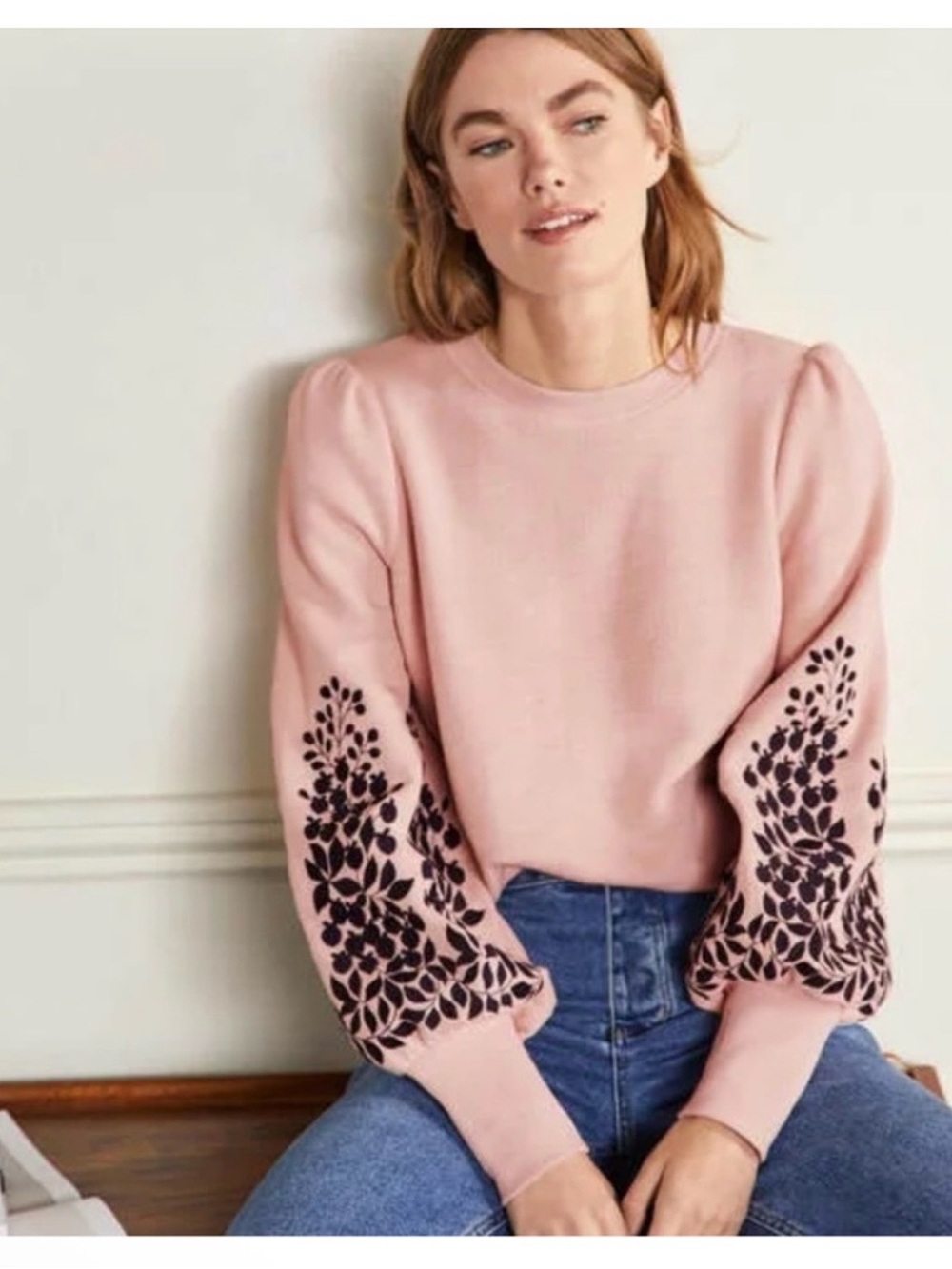 **BODEN** Pink Puff Sleeve Sweatshirt with Black Floral Embroidery Size 6